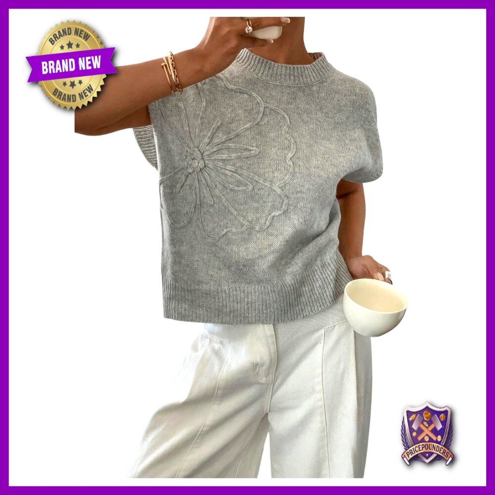 Short Sleeve 3d Floral Pullover Sweater Knit Vest Trendy Fashion Loose Fit